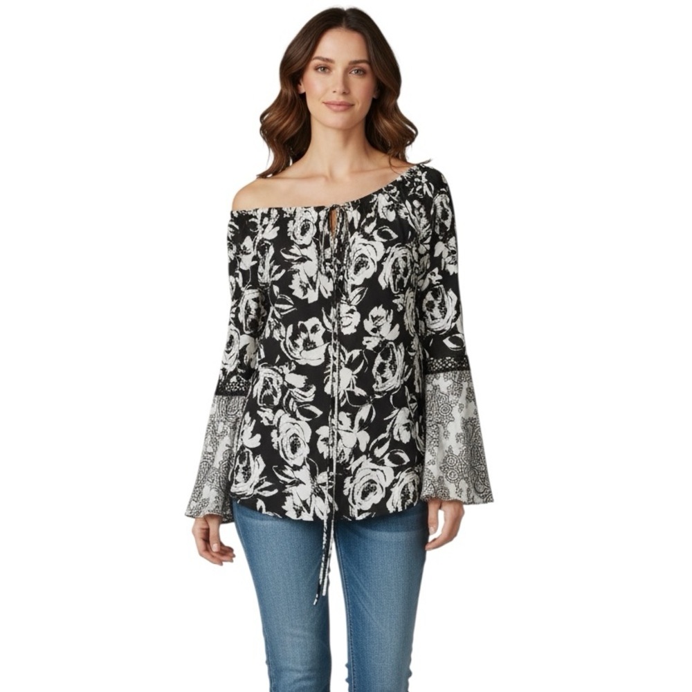 NWT WHITE HOUSE BLACK MARKET Long Bell Sleeve Off Shoulder Blouse Size Small - Picture 2 of 5
